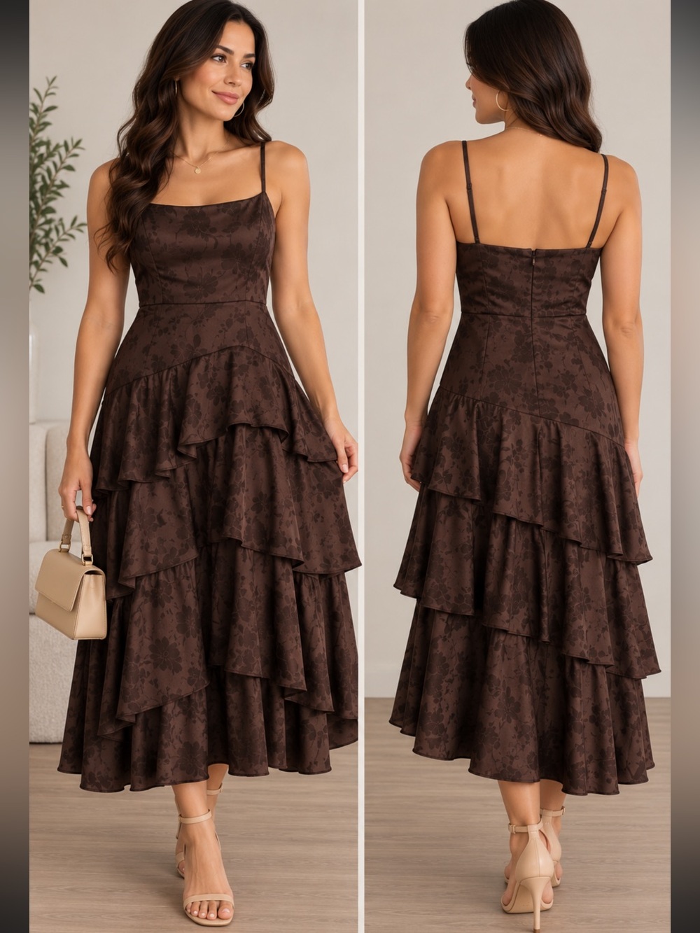 Francesca's brown raffle satin dress size small New spaghetti strap